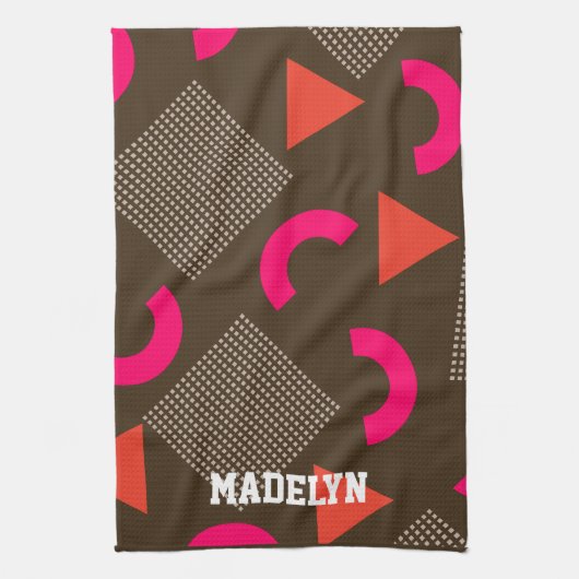 Elegant Brown Orange Geometric Personalized Name Geschirrtuch (Vertikal)