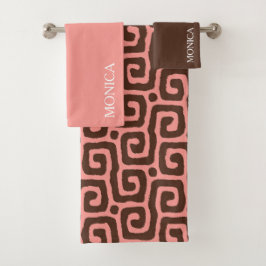 Elegant Brown Pink Abstract Script Name Towel Badhandtuch Set