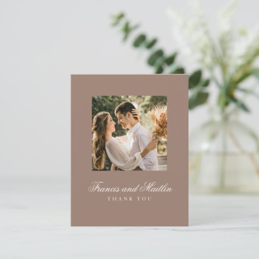 Elegant Brown Romantic Photo Wedding Dankeskarte (Stehend Vorderseite)
