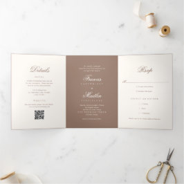 Elegant Brown Romantic QR Code Wedding Dreifach Gefaltete Einladung