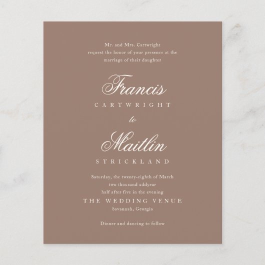 Elegant Brown Romantic Wedding Invitation (Vorderseite)