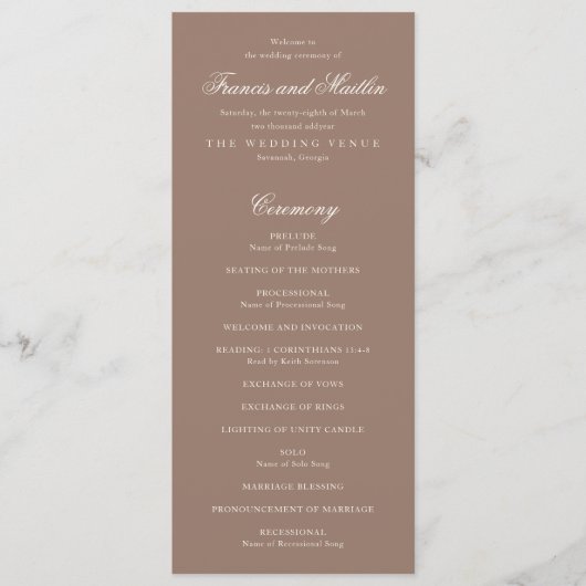 Elegant Brown Romantic Wedding Programm (Vorderseite)