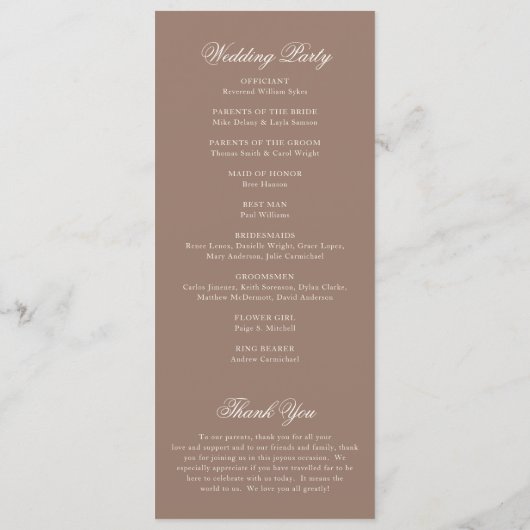 Elegant Brown Romantic Wedding Programm (Rückseite)