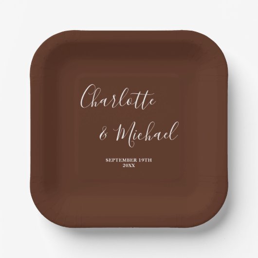 Elegant Brown Script Minimalist Wedding Pappteller (Vorderseite)