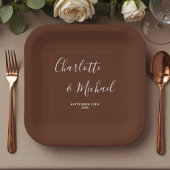 Elegant Brown Script Minimalist Wedding Pappteller