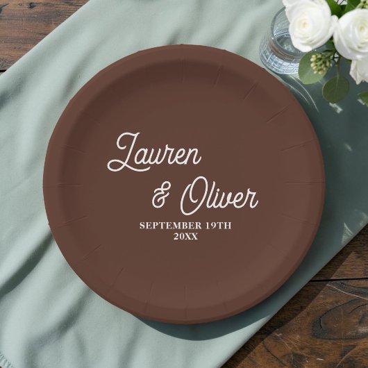 Elegant Brown Script Minimalistisch Wedding Pappteller
