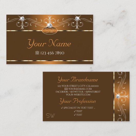 Elegant Brown Squiggles Sparkle Diamonds Monogram Visitenkarte (Vorne/Hinten)