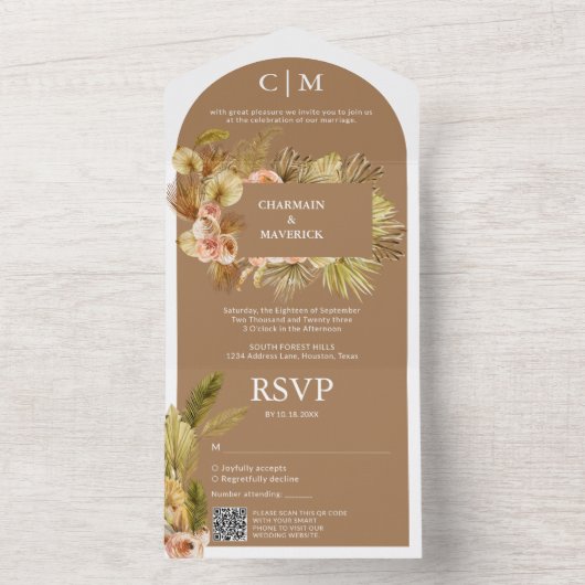 Elegant Brown Sugar Monogram QR-Codearchhochzeit All In One Einladung (Innen Boden)
