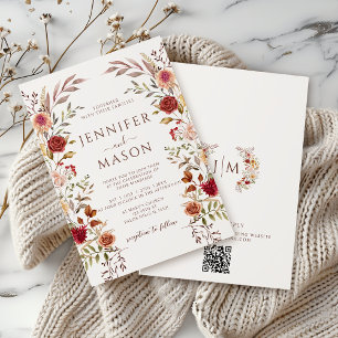 Elegant Brown Terracotta Fall Floral Wedding QR Einladung