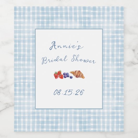 Elegant Brunch Brautparty Light Blue Gingham Weinetikett (Einzelnes Label)