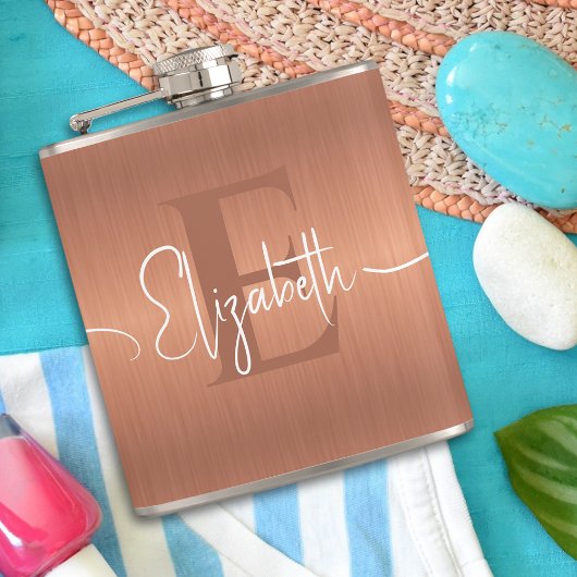 Elegant Brushed Copper Metal Script Monogrammed Flachmann