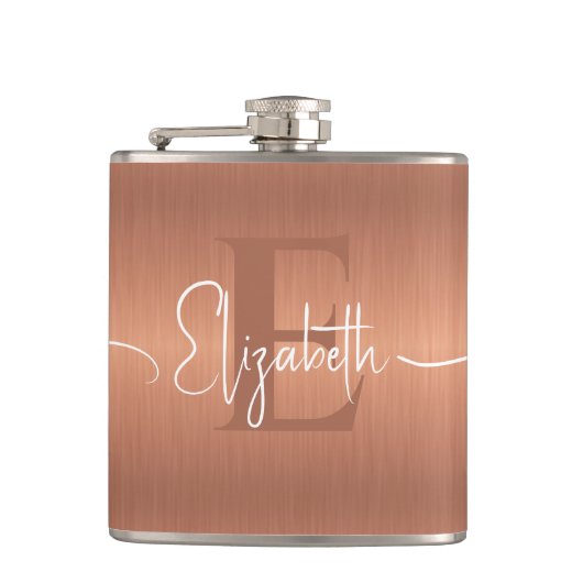 Elegant Brushed Copper Metal Script Monogrammed Flachmann (Vorderseite)