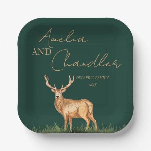 Elegant Buck Deer Christmas Family Name Pappteller (Vorderseite)