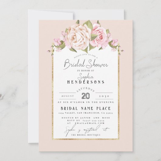 Elegant Budget Floral Dusty Rose Foil BridalShower Einladung (Vorderseite)