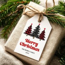 Elegant buffalo tree gift tag red plaid Christmas