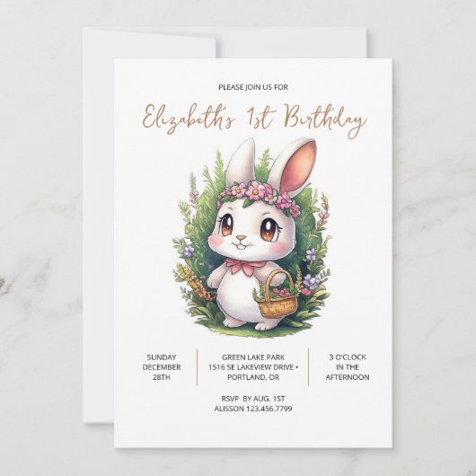 Elegant Bunny 1. Geburtstag Einladung (Vorderseite)