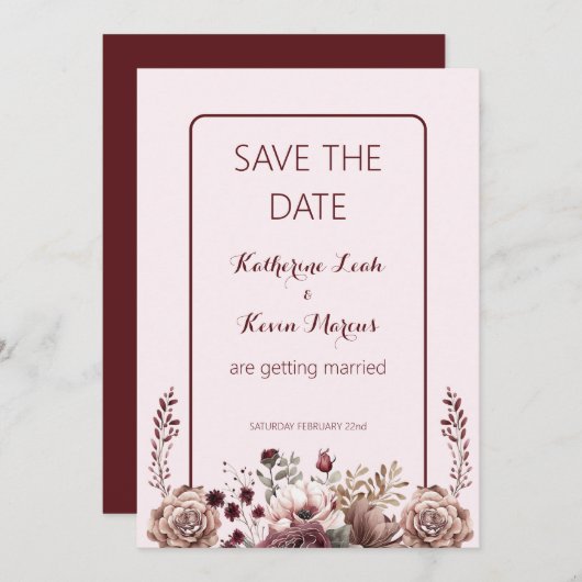 Elegant Burgandy Dusty Rose Save the Date floral Einladung (Vorne/Hinten)