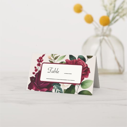 Elegant Burgandy Green Cream Floral Platzkarte (Vorderseite)