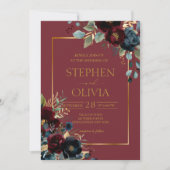 Elegant Burgund Blumen Hochzeit & Grün Einladung (Vorderseite)