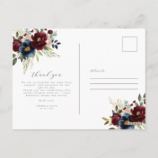 Elegant Burgund Blumen Hochzeit & Grün Postkarte (Rückseite)