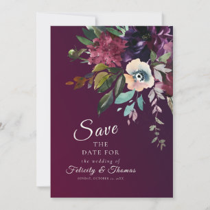 Elegant-Burgund-Blumenhochzeit rettet das Datum Einladung