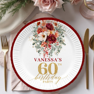Elegant Burgund Gold Blumen 60. Geburtstag Papier Pappteller
