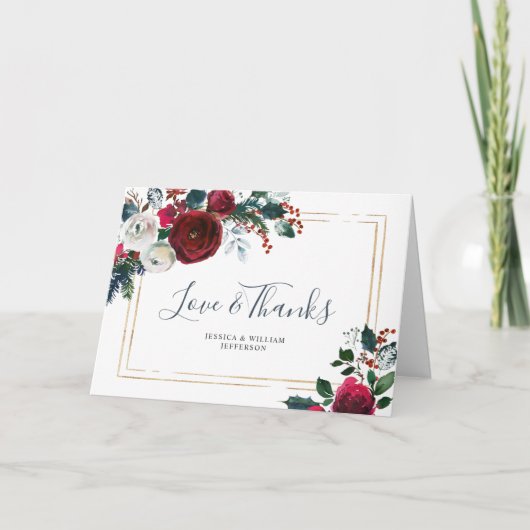 Elegant Burgund Winter Rose Grüne Dankeskarte (Vorderseite)