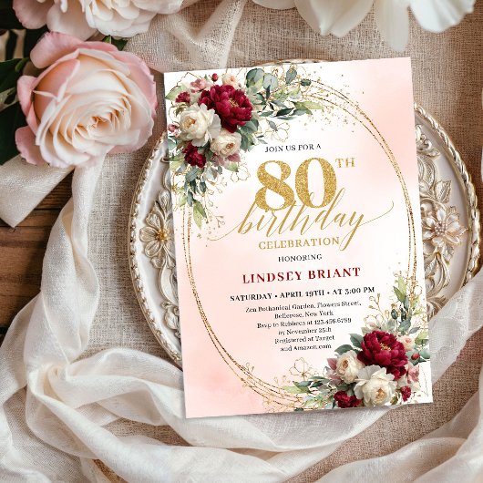 Elegant Burgunder Bohemian Blumen 80. Geburtstag  Einladung