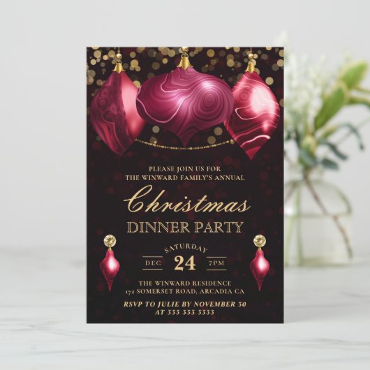 Elegant Burgundy Agate Baubles Weihnachtsessen Einladung (Stehend Vorderseite)