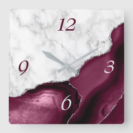 Elegant Burgundy Agate Silver Glitzer Marmor Quadratische Wanduhr (Vorderseite)