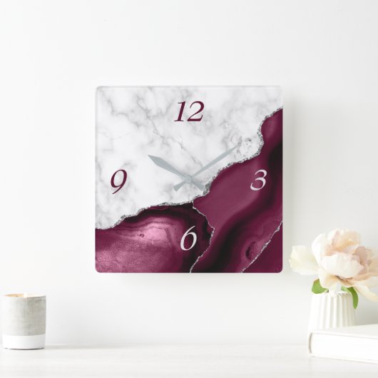 Elegant Burgundy Agate Silver Glitzer Marmor Quadratische Wanduhr (Zuhause)