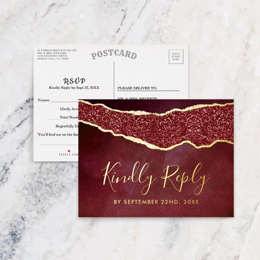 Elegant Burgundy Agate Wedding RSVP Real Folie Einladungspostkarte