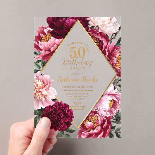 Elegant Burgundy and Blush Peony Floral Birthday Acryleinladungen (Insitu (Handheld))