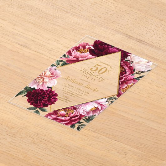 Elegant Burgundy and Blush Peony Floral Birthday Acryleinladungen (Ablage )