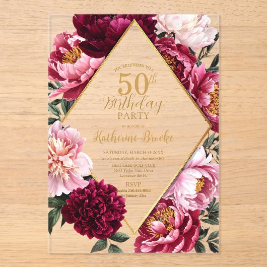 Elegant Burgundy and Blush Peony Floral Birthday Acryleinladungen (Vorderseite)