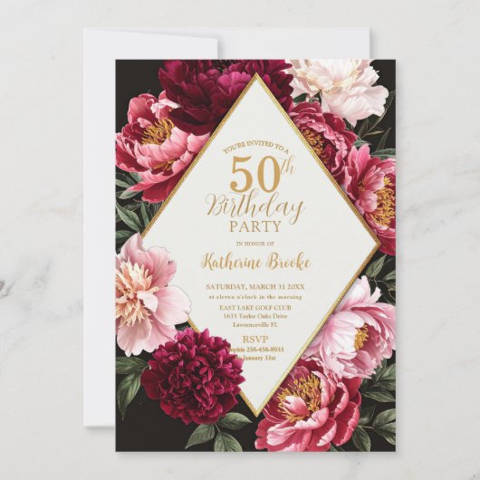 Elegant Burgundy and Blush Peony Floral Birthday Einladung (Vorderseite)