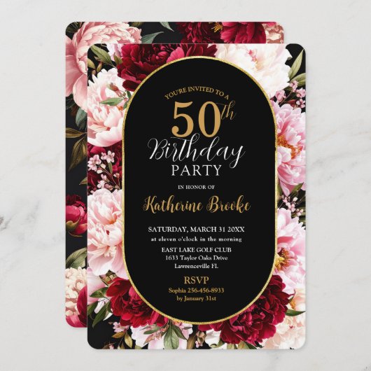 Elegant Burgundy and Blush Peony Floral Birthday Einladung (Vorne/Hinten)