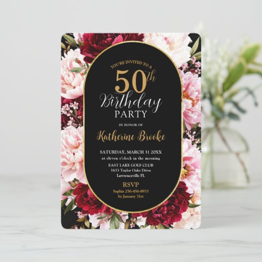 Elegant Burgundy and Blush Peony Floral Birthday Einladung (Stehend Vorderseite)