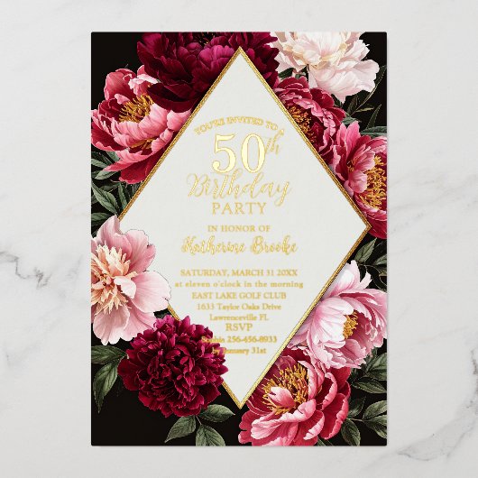 Elegant Burgundy and Blush Peony Floral Birthday Folieneinladung (Vorderseite)