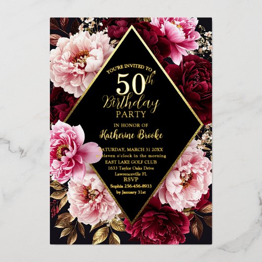Elegant Burgundy and Blush Peony Floral Birthday Folieneinladung (Vorderseite)