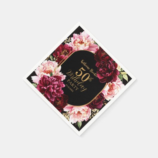 Elegant Burgundy and Blush Peony Floral Birthday Serviette (Ecke)