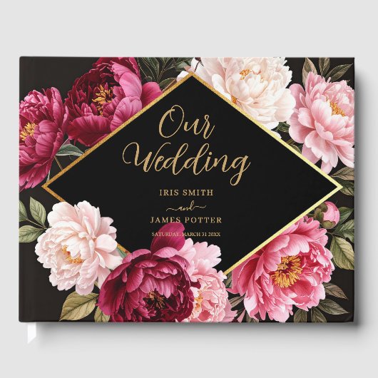 Elegant Burgundy and Blush Peony Floral Wedding Gästebuch (Vorderseite)