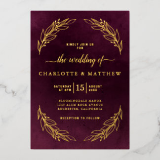 Elegant Burgundy and Gold Botanical Wedding Folieneinladung