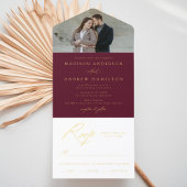 Elegant Burgundy and Gold Foil Calligraphy Wedding All-in-One-Einladung