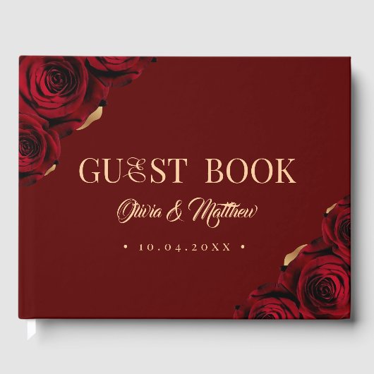 Elegant Burgundy and Gold Roses Wedding Gästebuch (Vorderseite)