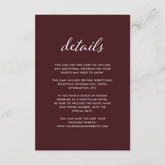 Elegant Burgundy | Angaben zum Hochzeitgast Begleitkarte (Vorderseite)