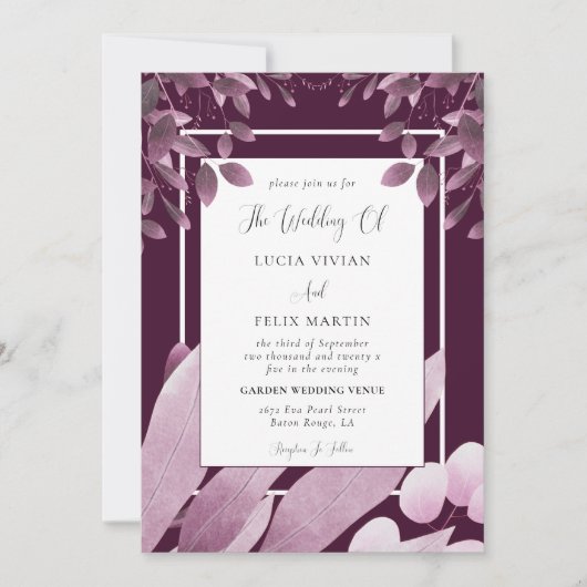 Elegant Burgundy Blätter QR Code Foto Wedding Einladung (Vorderseite)