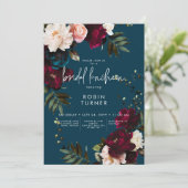 Elegant Burgundy & Blue Floral Bridal Einladung (Stehend Vorderseite)