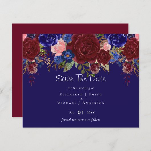 Elegant Burgundy Blue Floral Wedding Budget (Vorne/Hinten)