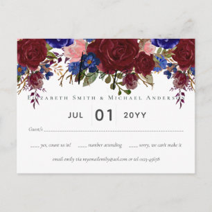 Elegant Burgundy Blue Floral Wedding Budget UAWG Postkarte
